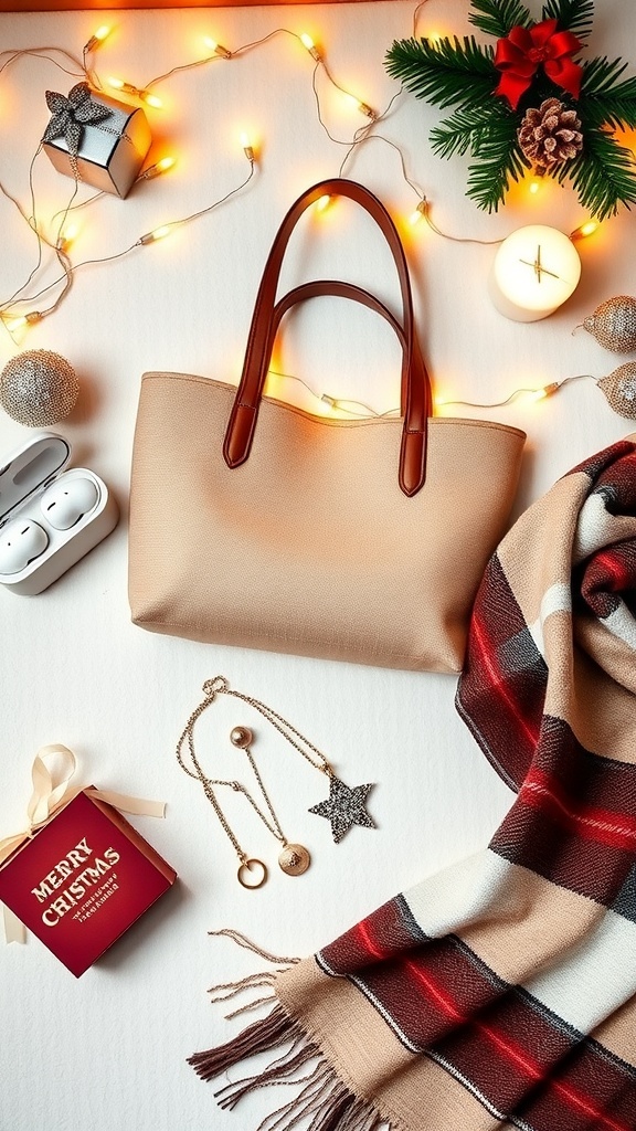 Flat lay of Christmas gifts including a tote bag, earbuds, jewelry, and scarf against a festive background.